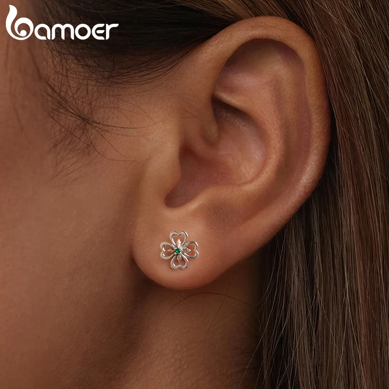 Bamoer 925 Sterling Silver Four Leaf Clover Stud Earrings Luck Spring for Women Girl Wedding Fine Jewelry Gifts