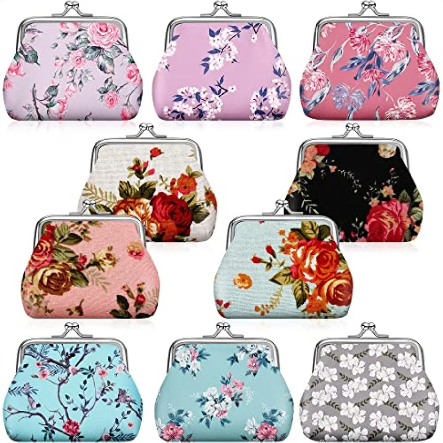 

10 Packs Floral Women Coin Purse Small Coin Purses Pouches Cute Canvas Change Wallets for Women Kiss Lock Pouch Japanese Flowe
