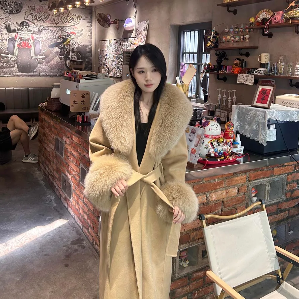 

2025 женские зимние пальто с двойным лицом, кашемировое шерстяное пальто с натуральным лисьим мехом, офисный женский пояс, тонкая элегантная длинная куртка