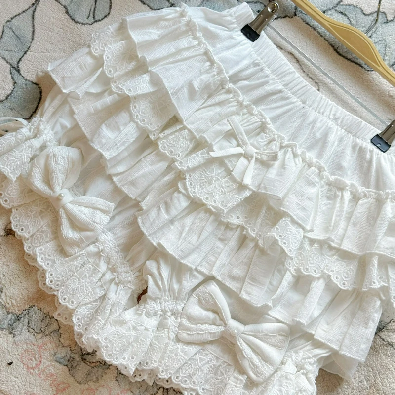 Japanese Cute Lolita Style Tiered Ruffle Shorts Women Vintage Sweet Bow Lace Bandage Bloomers Y2k Aesthetic Gothic Safety Shorts