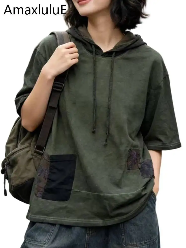 Amax LuluE 2026 Koreanische Lockere Vintage Kapuzenoberteile Damen Frühling Lässige Mode Kleidung Damen Klassische Patchwork Elegante T-Shirts