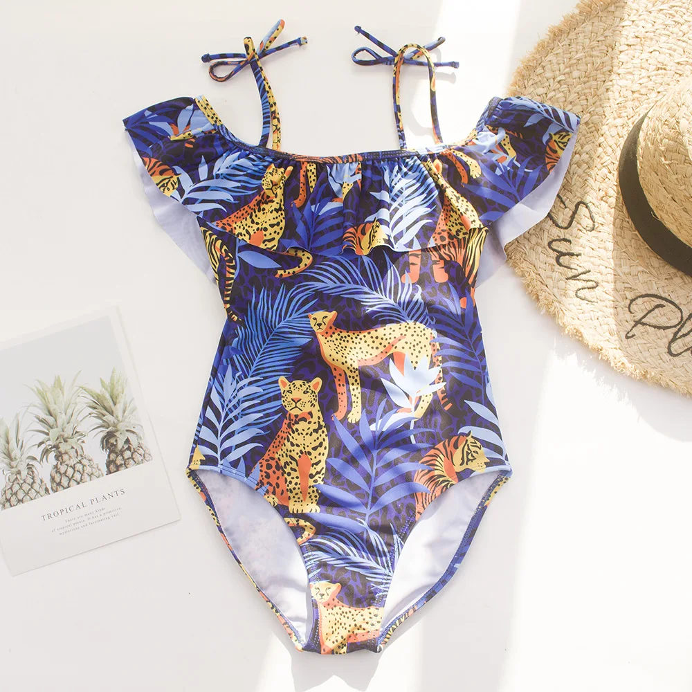 Leopard Printed Ruffle Edge Girls Teens One Piece Swimsuit Summer Kids Swimwear Children Beachwear Kid Swimming Suit Monokini