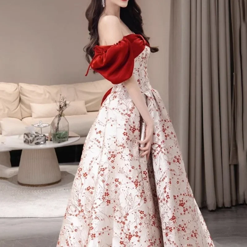 Customized Temperament Cross Slash Neck Wedding Party Dress Constrast Satin Princess Floral Printed Prom Robe Draped Long Straps