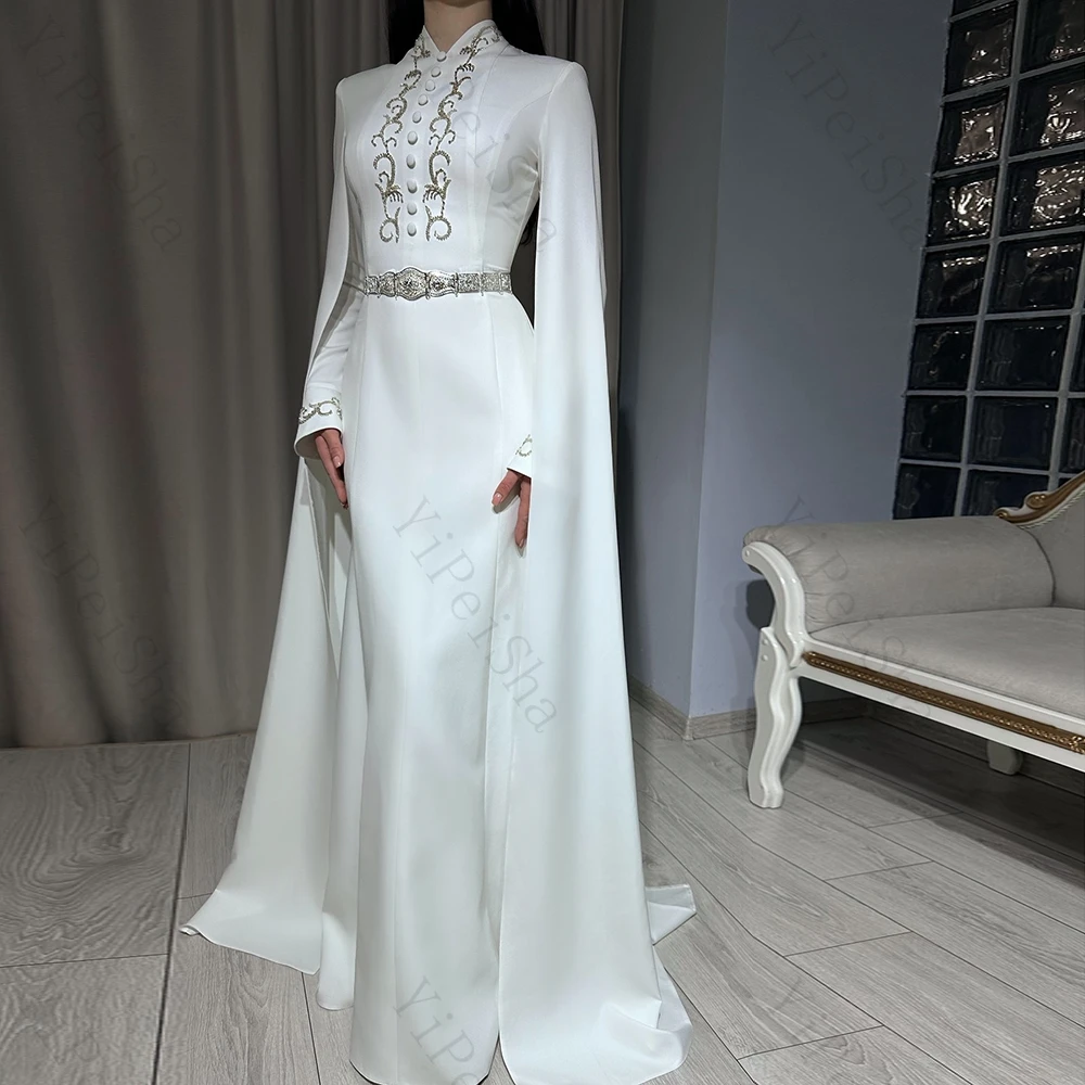 

Customized A-line Evening Dresses Floor-length High-neck Full Sleeve Prom Gown Simple Fashion Sequined Sashes Button Party Gown