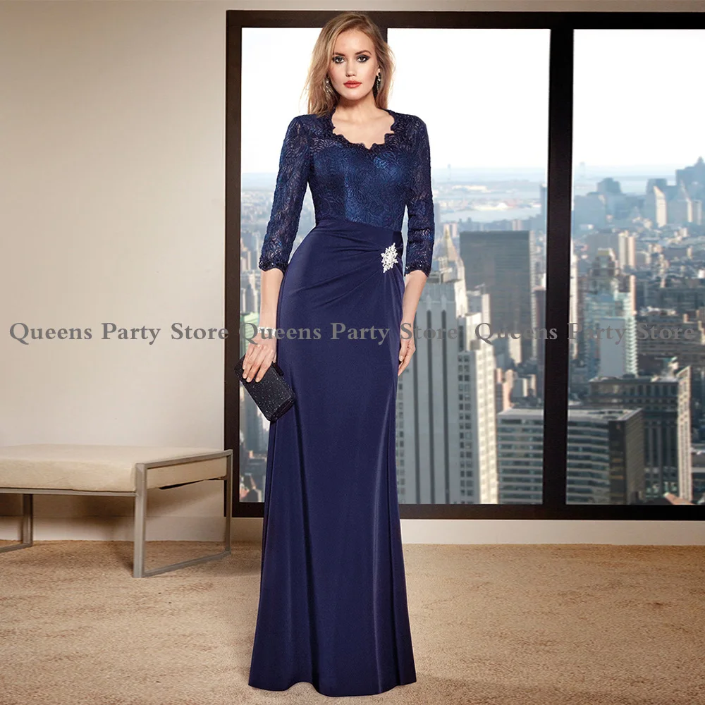 

Navy Mother Of The Bride Dress Scoop Neck 3/4 Sleeves Top Lace Floor Length Sheath Chiffon Wedding Guest Gown Party Dresses