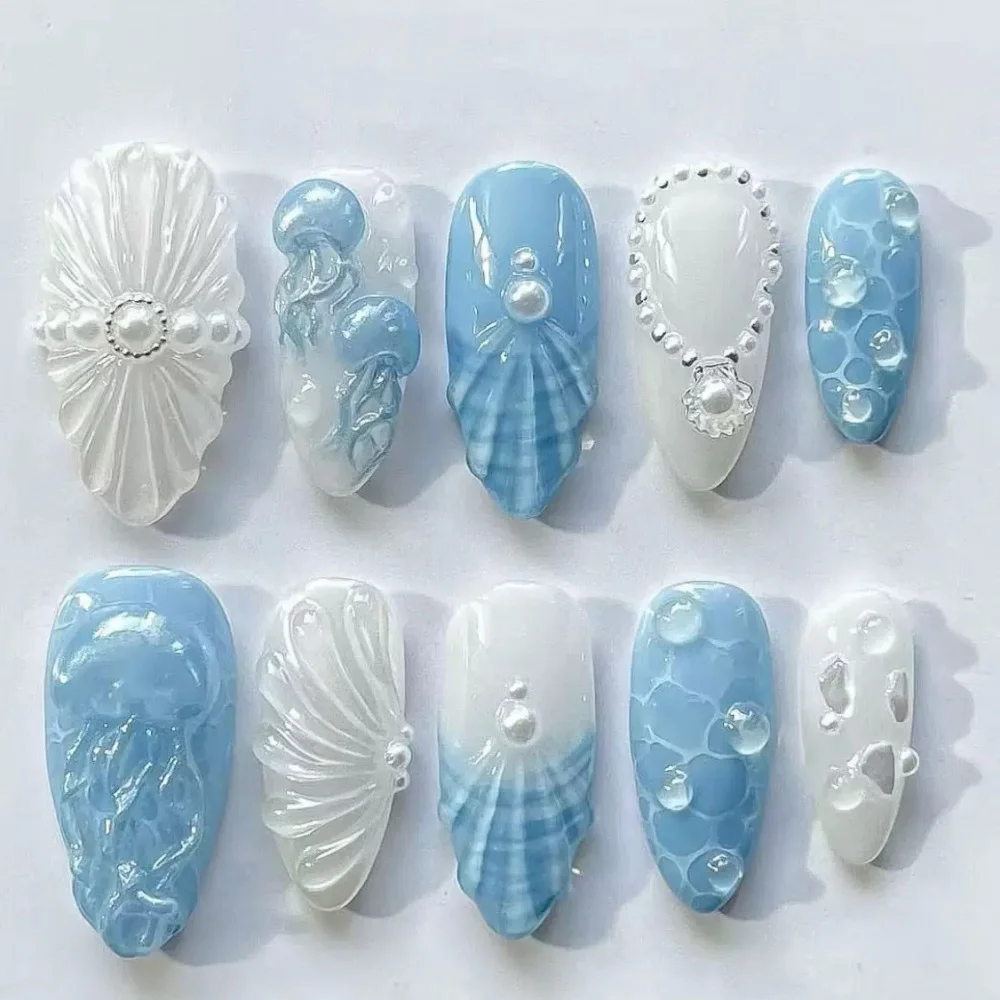 30 pçs azul praia imprensa em unhas arte com concha pérola design dicas de unhas falsas reutilizáveis conjuntos de unhas falsas de amêndoa de comprimento médio