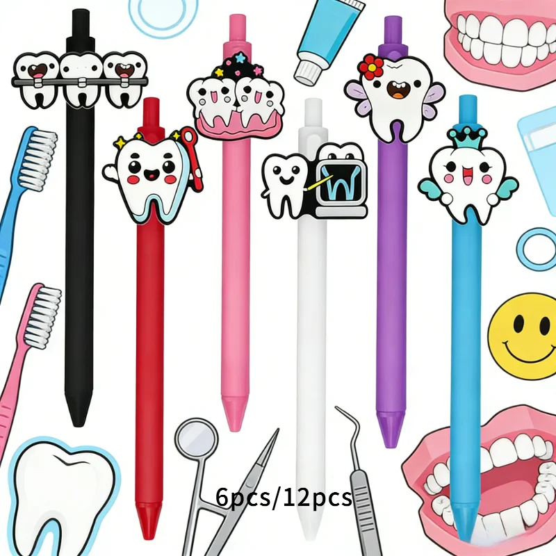 

6/12pcs tooth shaped surface mount ballpoint pens, unique design, black ink, suitable for offices, work, and birthday gifts