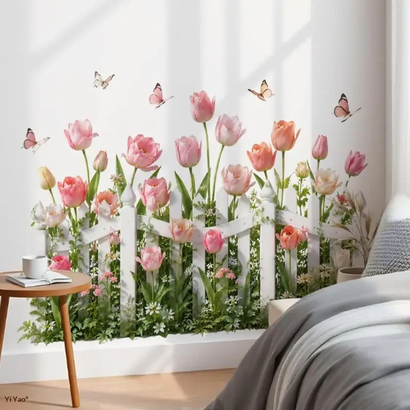 Sunflower Garden Fence Wall Decals, Yellow Sunflower Butterfly Baseboard Stickers, Floral Border for Kitchen Living Room Home D