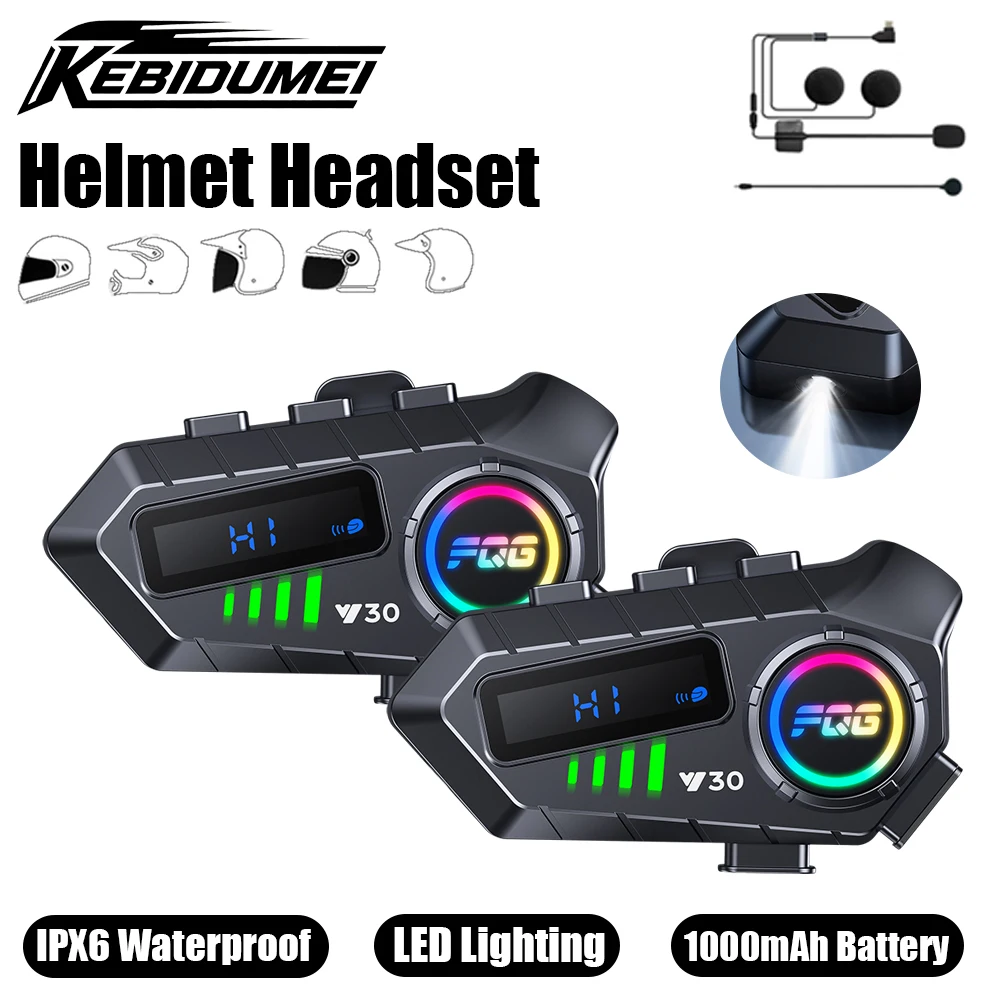 KEMIDUMEI Y30 10M intercomunicador para motocicleta 1/2 Uds casco auriculares luz Led interfono Bluetooth 6,0 altavoz inalámbrico accesorios de motocicleta