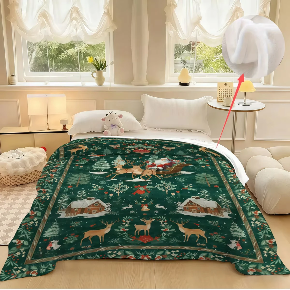 بطانية سانتا والرنة الفانيلا - رمي مطبوع باللون الأخضر الاحتفالي لراحة ناعمة ومريحة على الأريكة ووقت القيلولة
