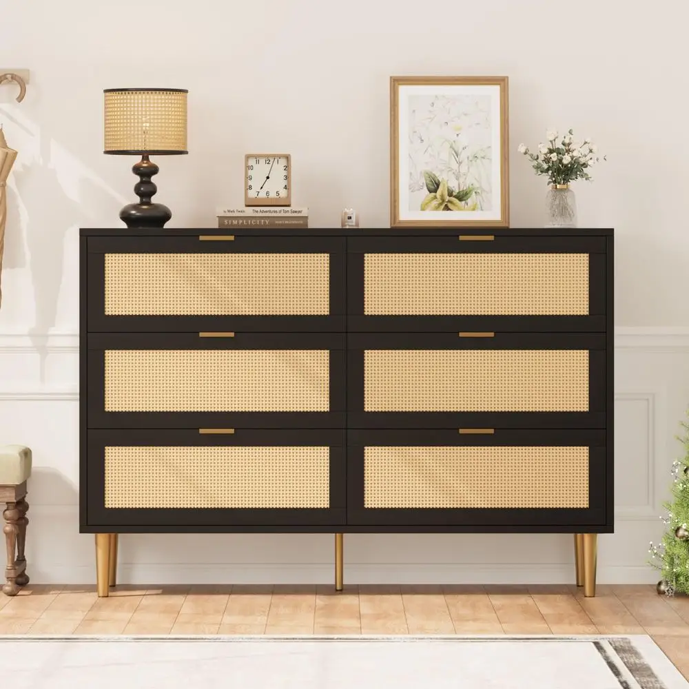6 Drawer Rattan Dresser for Bedroom, Bohemian Chest of Dressers with Metal Legs, Sleek Wood Dresser with Ample Storage, Rattan C