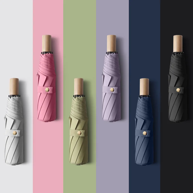 مظلة من الفينيل بمقبض من الخشب الصلب ومظلة صغيرة طازجة ومظلة مشمسة بثلاثة أضعاف