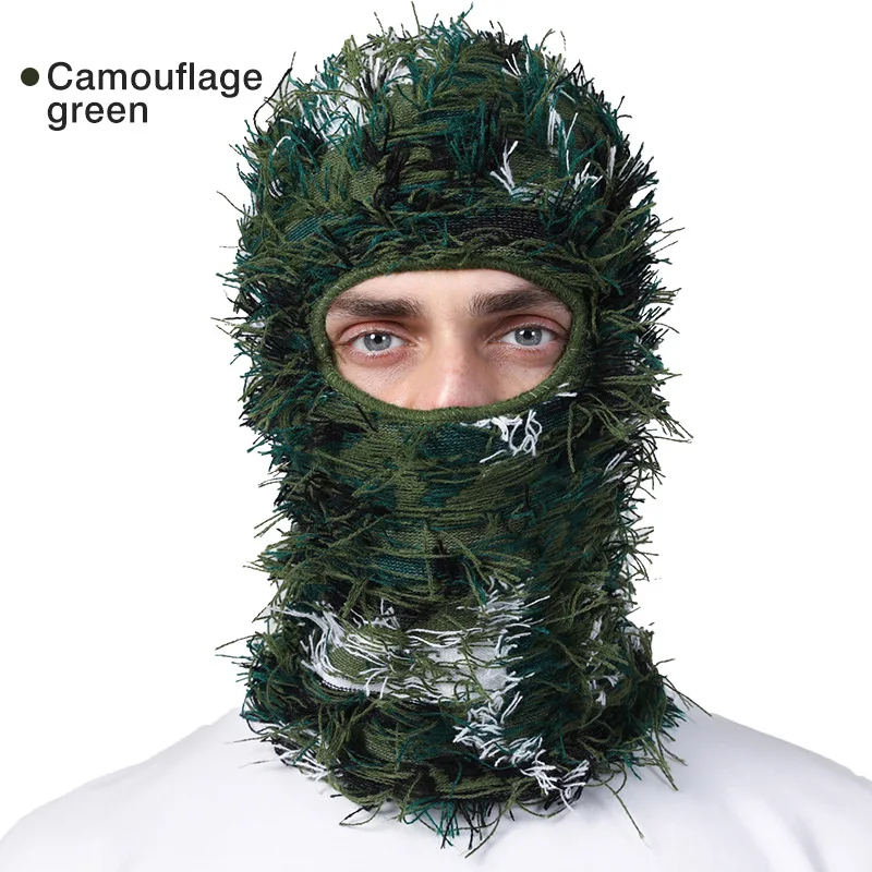 Full Face Cover Ski Mask Hat Balaclava Distressed Knitted Beanie Camouflage Men Hat Women Winter Warm Windproof Bicycle Neck Hat