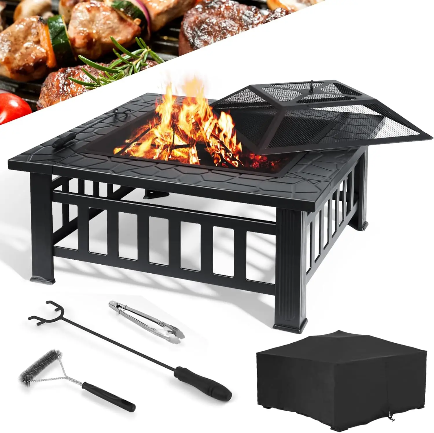 

Fire Basket Garden Fireplace Including Grill (51*51cm) And Waterproof Cover For Heating/Grilling Metal Brazier 81x81x45cm