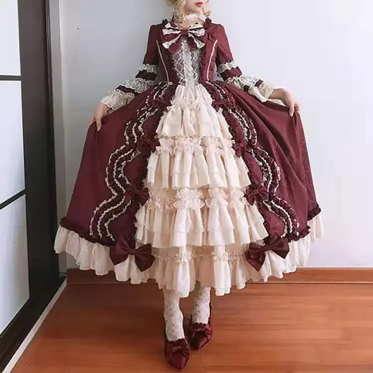 French Elegant Vintage Cosplay Princess Dress Bow Lace Chiffon Splicing Long Sleeve Lolita Ball Gown Maxi Dress For Women Autumn