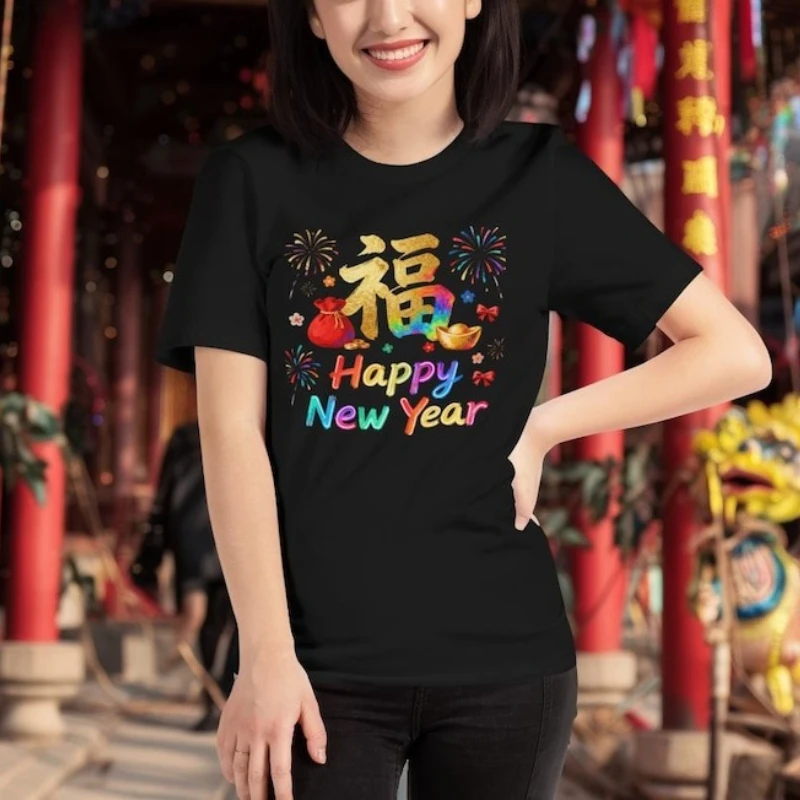 Happy Chinese Neon Printed Cotton T-Shirt Lunar New Year Adult Lucky Fu Festival Unisex  Crewneck Casual Style Shirt