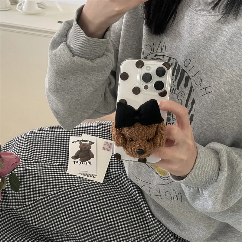 

Simple polka dot phone case with teddy dog holder for iPhone 11, 12, 13, 14, 15 ,16 Pro Max