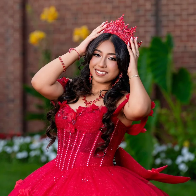 

Shiny Red Quinceanera Dress off-shoulder Glitter 3D flower Decal Lace Long tail Bow Vestidos De 15 Quinceanera ﻿Customize