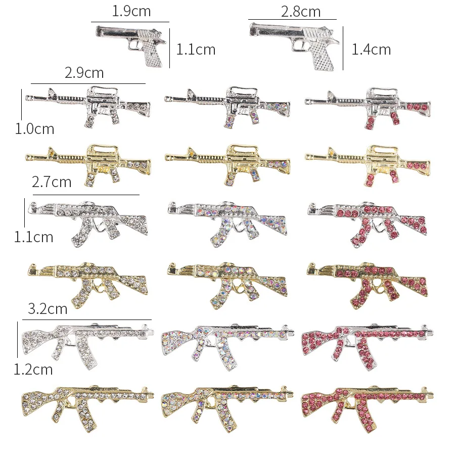 10Pc Gun Vorm Hiphop Sieraden Nail Steentjes Zilver Goud Metalen Manicure Figuren Diy 3d Wapen Charmes Punk Nail Art Decoratie