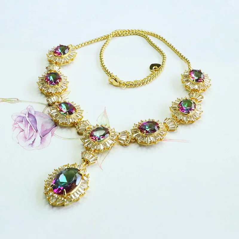 British-style glass necklace with imitation amethyst, evening wear chain,, fashionable and versatile