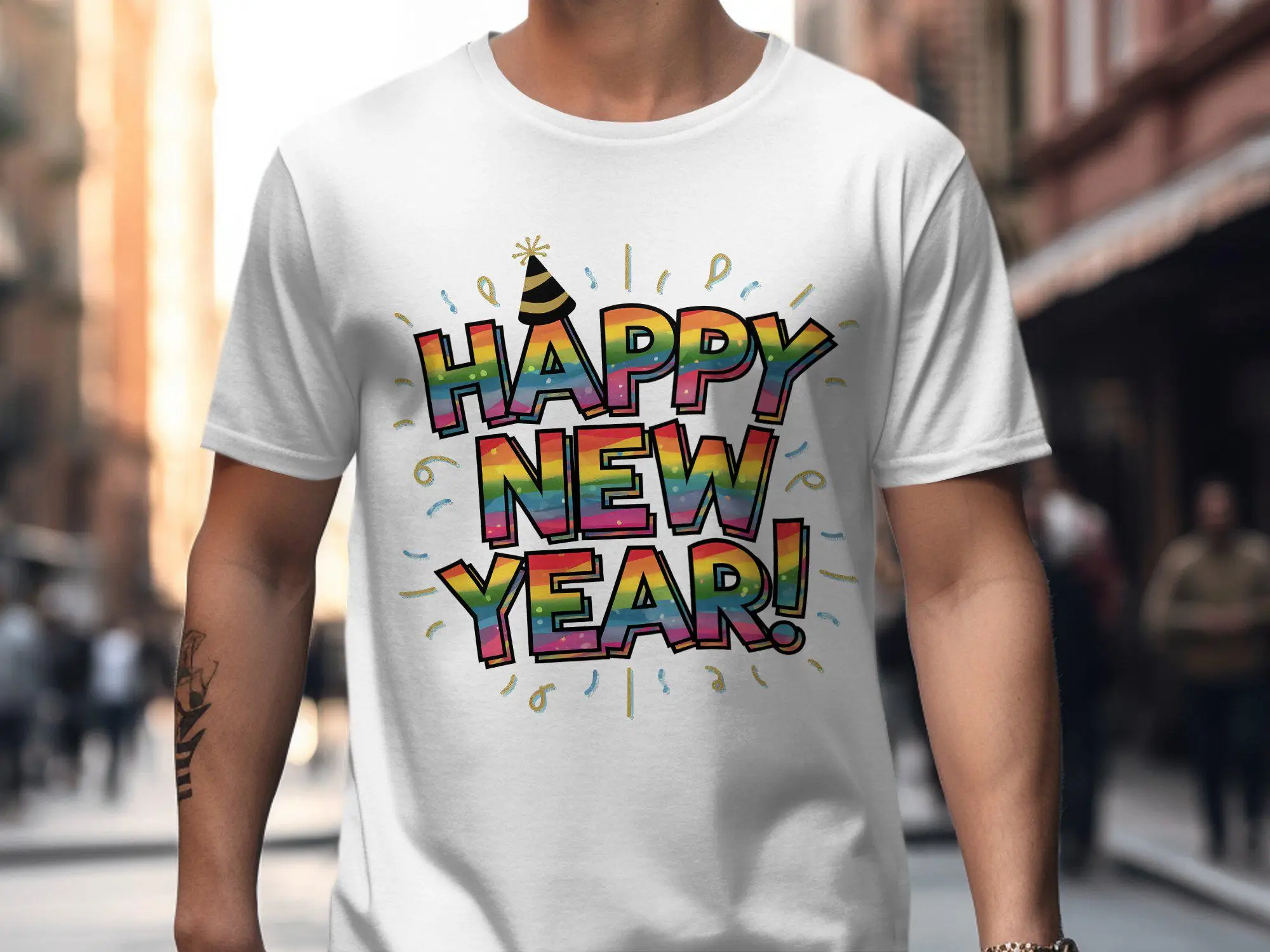 

Красочная футболка с Новым годом, праздничное празднование, смелое веселое вечернее