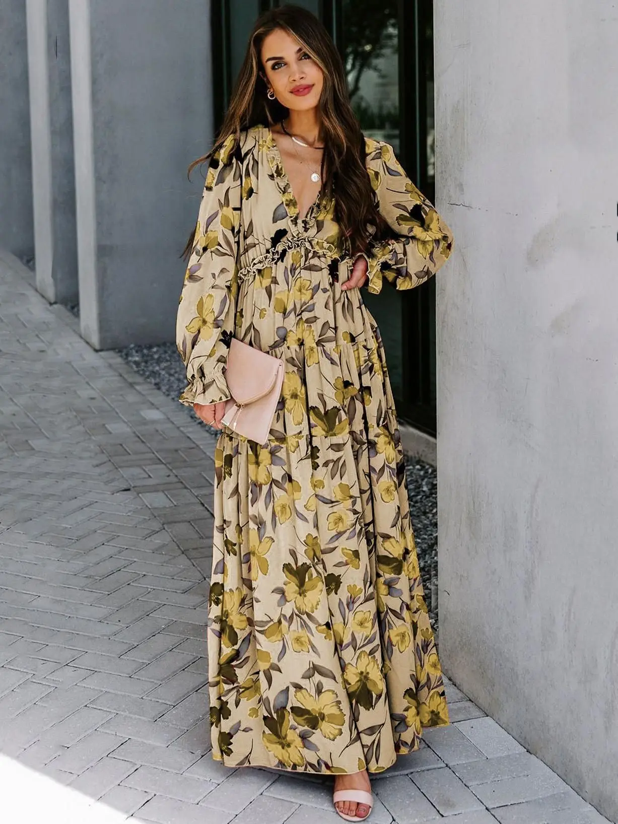 

2025 New Bohemian Floral Print Long-sleeved Casual Autumn Dress Women's Maxi Long Dresses