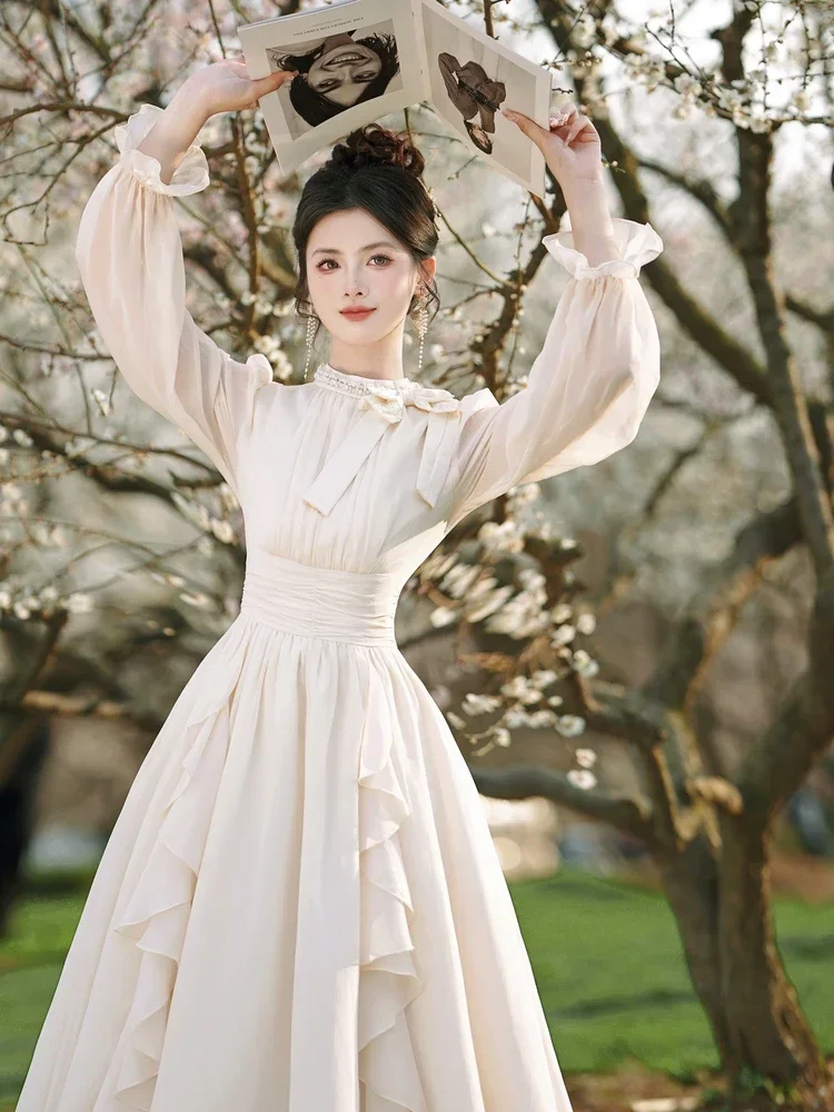 ربيع الخريف المرأة Fairycore فستان الأميرة الوقوف طوق الماس الشيفون القوس فستان الحفلات أنيقة المؤنث الكشكشة ميدي فستان