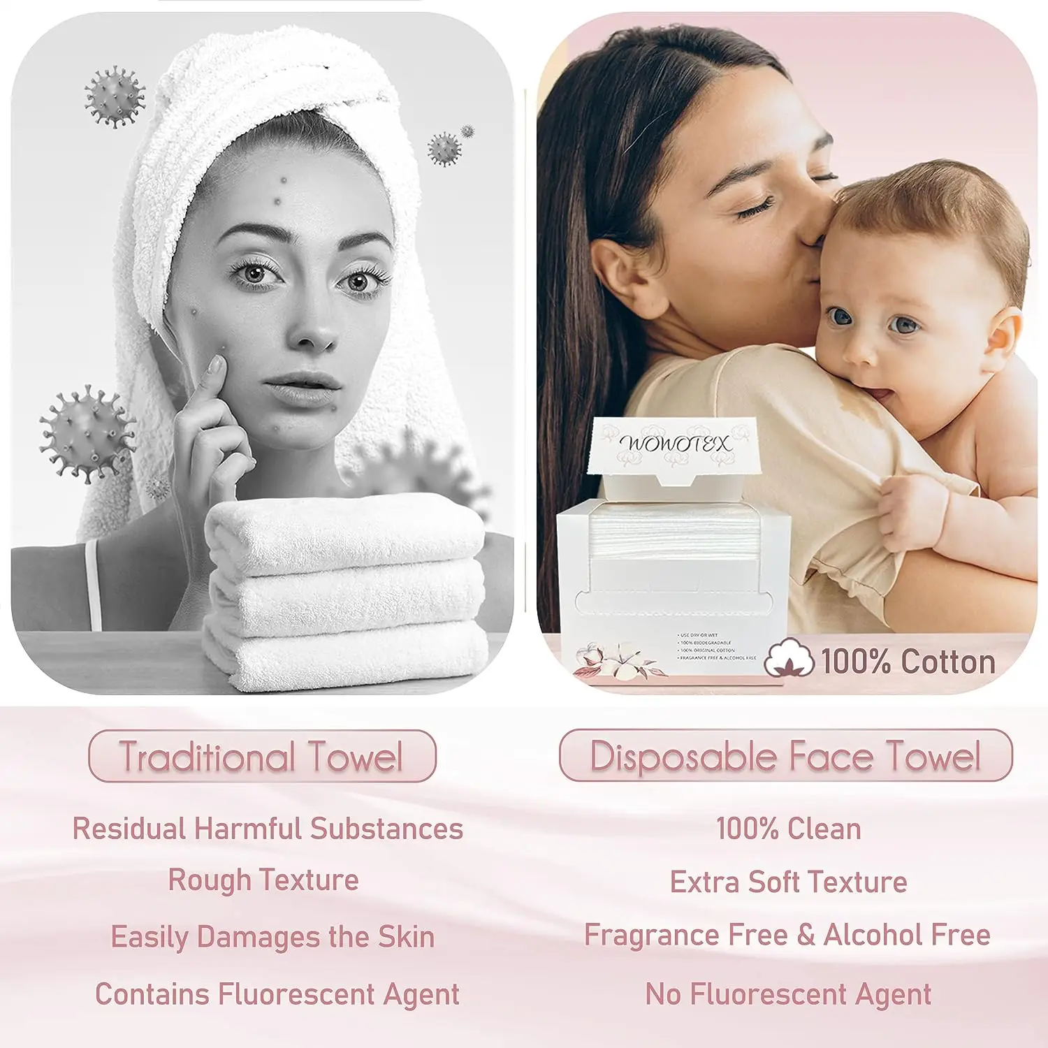 100% Cotton Disposable Face Towel Biodegradable Dry Face Wipes 50 Count/Box Thick Clean Facial Towel for Sensitive Skin 12x10 in