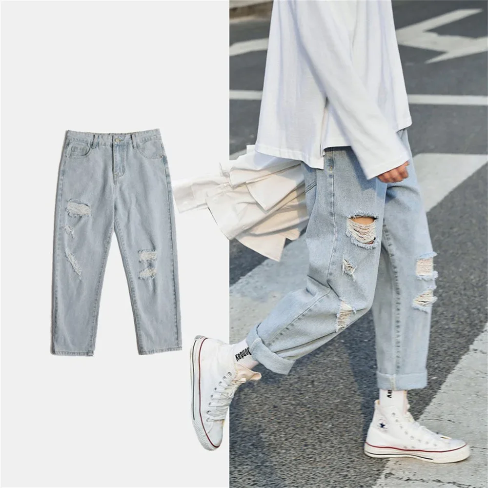 Korean ripped Men Wide Leg Jeans 2025 Autumn New Streetwear Straight Baggy Denim Pants Male Brand Trousers Denim Jeans for men
