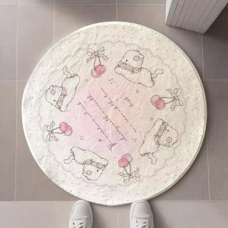 VIKAMA Pink Bow Rabbit Round Rug Non-Slip Washable Plush Mat Sweet Cartoon Carpet for Girls Bedroom Kids Room Home Decor