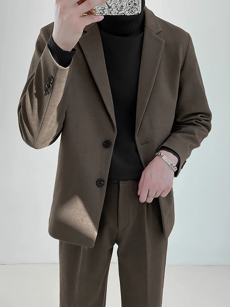 

Осенне-зимний утепленный мужской костюм в корейском стиле, повседневная шерстяная куртка, стильная молодежная куртка стандартного кроя с четырьмя пуговицами и длинными рукавами