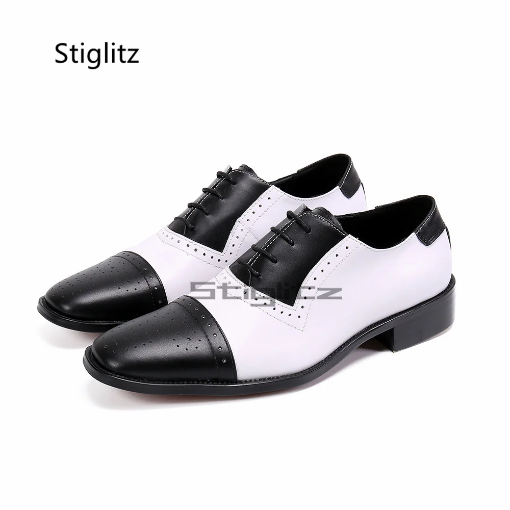 

Black White Patchwork Dress Shoes for Men Brogue Round Toe Lace Up Genuine Leather Formal Business Shoes Mixed Colors Male Shoes