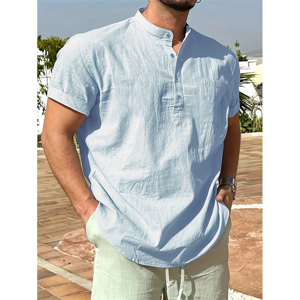 Sommer Heißer Verkauf männer T-shirt Baumwolle Leinen Henley Neck Casual Atmungsaktive Leichte Einfarbig Tasche Taste Tops – Detail 6