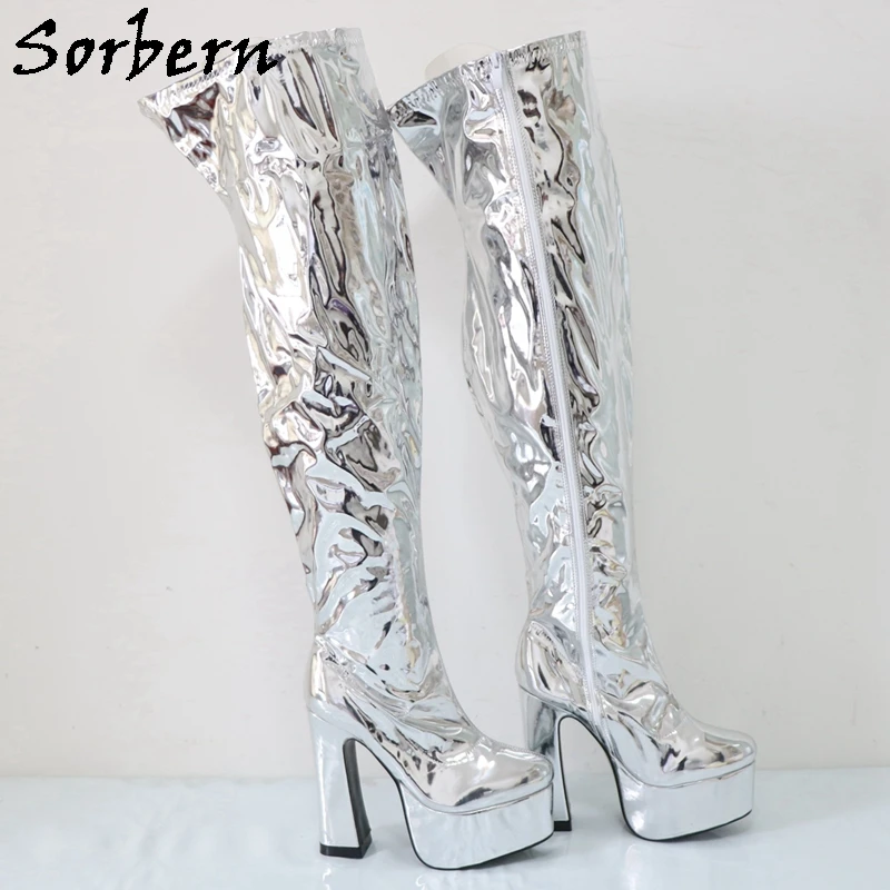 Sorbern Metallic Silver Over The Knee Boots For Women Block High Heel Platform Fetish Boots For Drag Queen Gaga Heels Custom