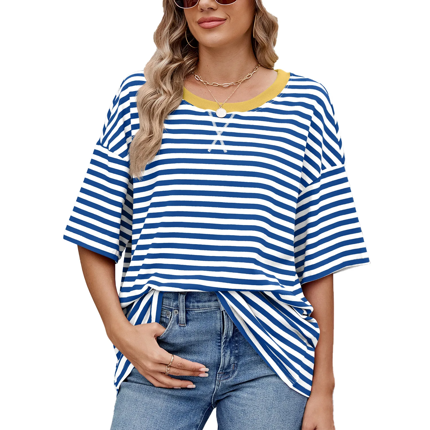 

Summer Women's Striped Top O-neck Loose Fashion Short-sleeved T-shirt Contrasting Color Basic Girl Street Tees
