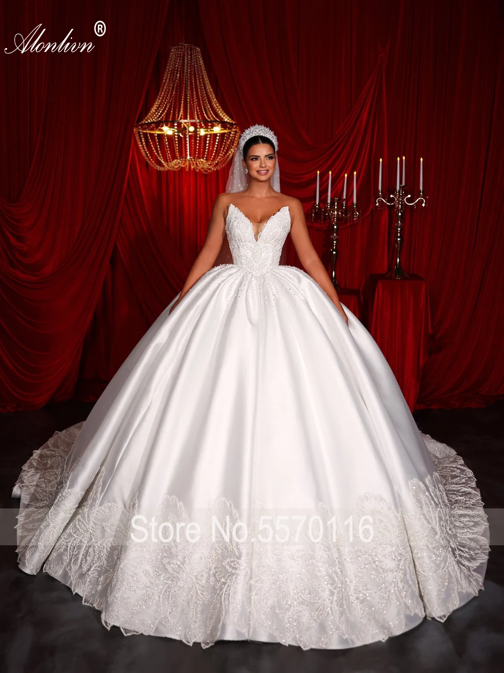 Alonlivn Custom Made Vintage Satin Sweetheart Ball Gown Wedding Dresses With Beaded Pearls Appliques Lace Puffy Bridal Dresses