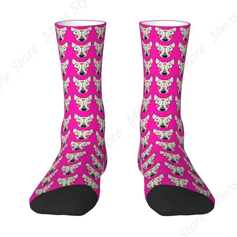 Novelty Print Hot Pink Mexican Bully Socks for Women Men Stretchy Summer Autumn Winter Bull Terrier Dog Crew Socks