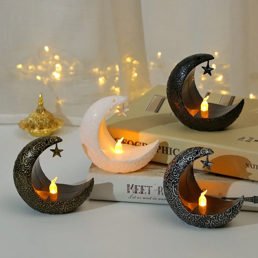 Lampe LED rétro en forme de croissant, sans flamme, pour le Ramadan, décoration Eid Mubarak, bougie électronique islamique