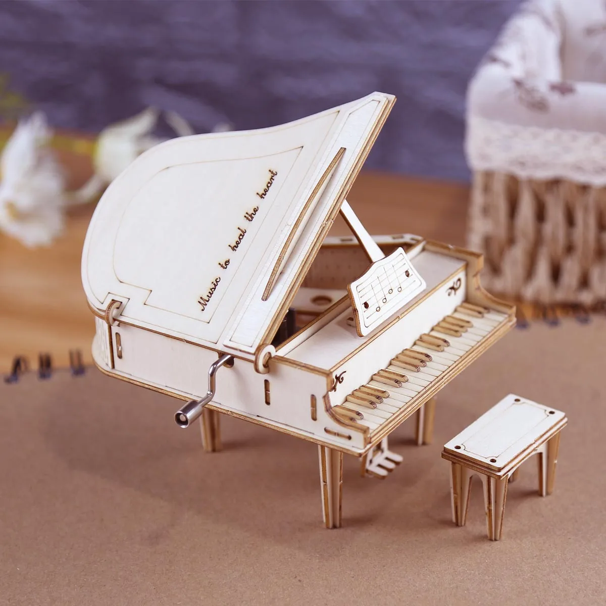 DIY Building Blocks Hand-cranked Sound Music Box Creative Puzzle Three-dimensional Handicraft Toy Piano Wooden Music Box