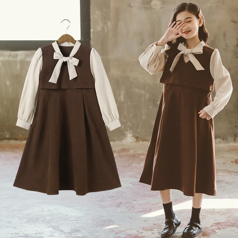 

Girl's Long Sleeved Dress Spring and Autumn College Style Princess Dresses for 4-15 Years Old Elegant Patchwork Long Skirt