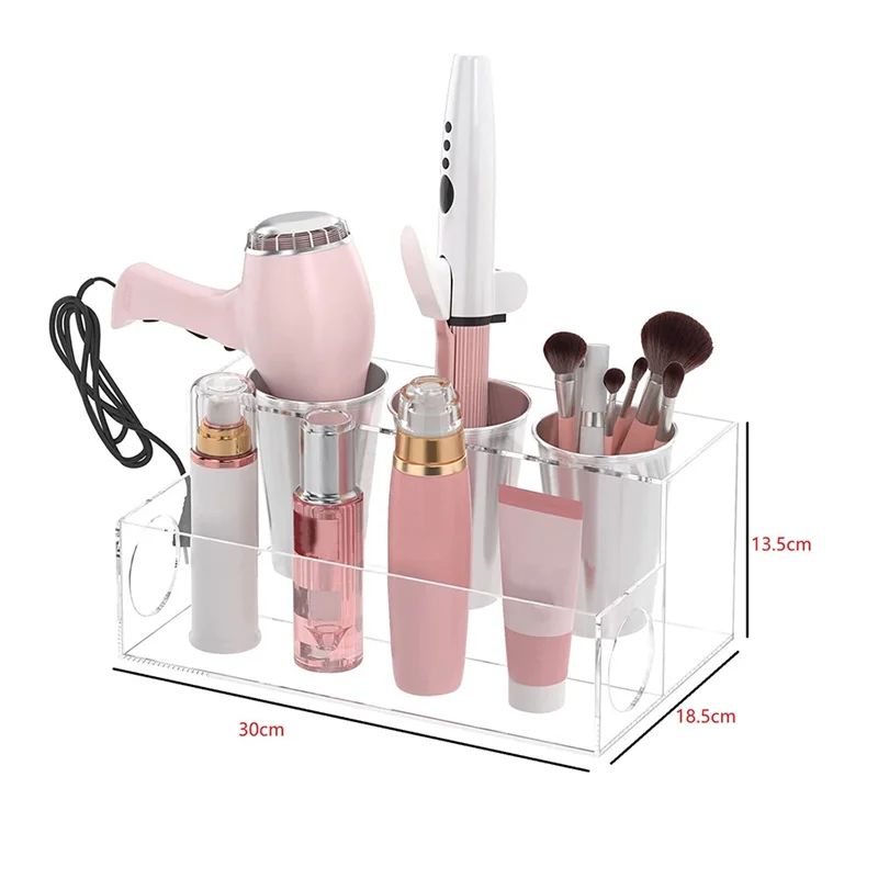 منظم أدوات الشعر من الأكريليك ومجفف الشعر وحامل تصفيف الشعر ومستلزمات التجميل وحامل تخزين مع أكواب متين