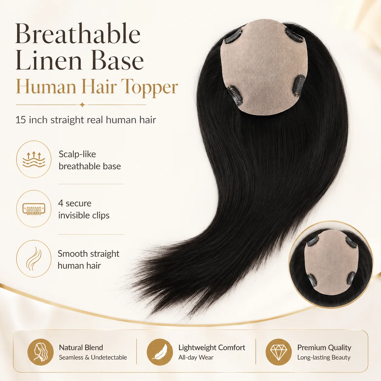 TUW03 Silk Hair Topper for Women 100% Remy Human Hair Natural Looking Hair Piece Easy to Wear And Care Human Hair Toppers