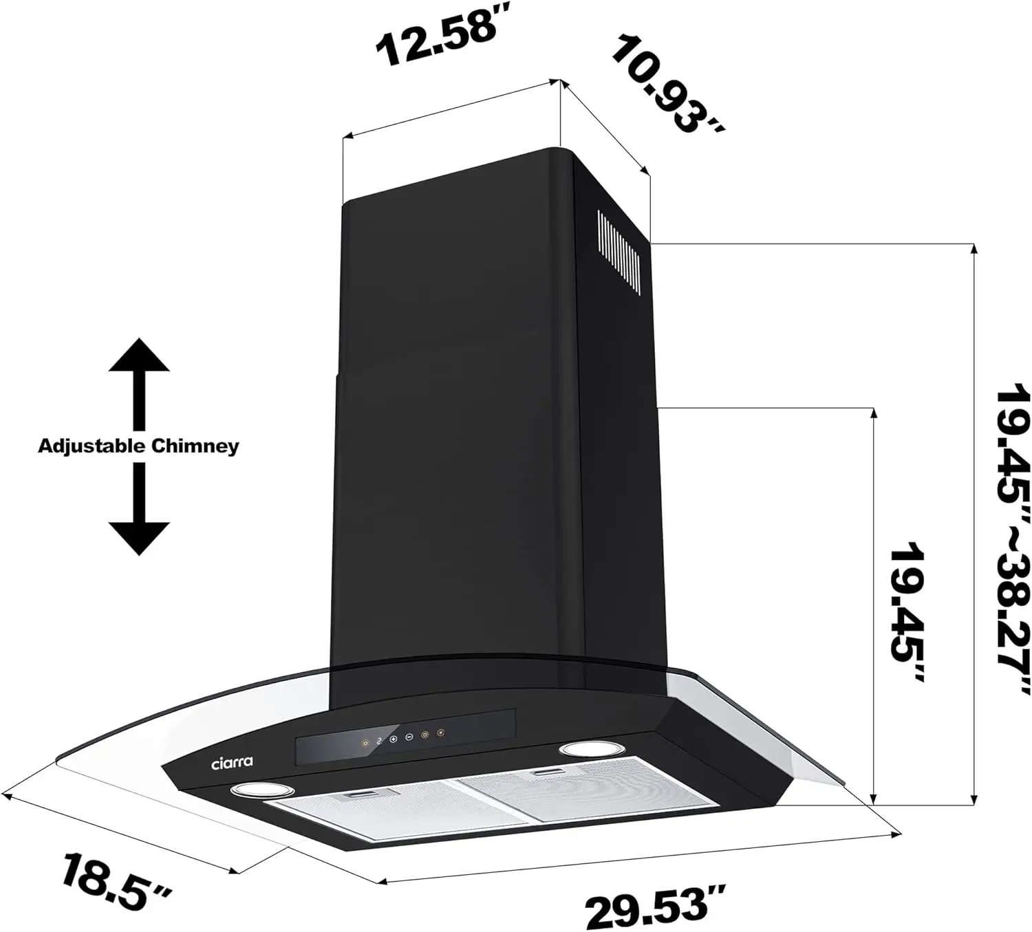 Black Range Hood 30 inch with Soft Touch Control 450 CFM Stove Vent Hood for Kitchen with 3 Speed Exhaust Fan Auto Shut Off