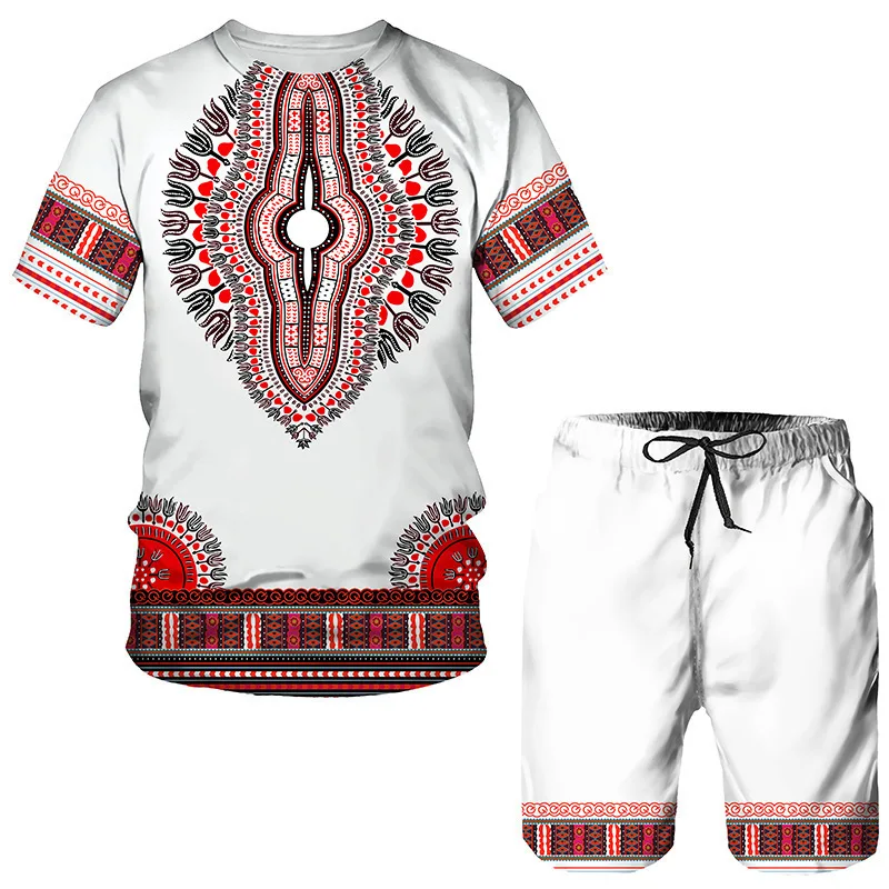 2 Piece Set 3D Ethnic Graphic Print Mens T-Shirt Shorts Outfit Black History Month Menswear Luxury Design Casual T-Shirt Tops