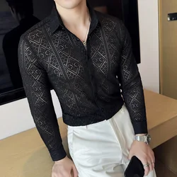 Sexy Lace Hollow Out Shirts Men 2024 Autumn Long Sleeve Casual Shirts Slim Fit Nightclub Singer Stage Performance Shirt