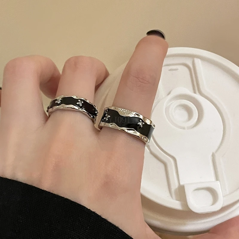 Anello coppia in argento sterling, anello per dito indice aperto con smalto nero, semplice e versatile