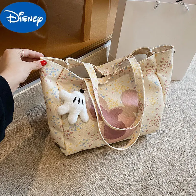 MINISO Disney 2023 New Canvas Bag Mouse Mickey Bag Printed Tie-Dye Tote Bag Shopping Bag Girls Shoulder Bag