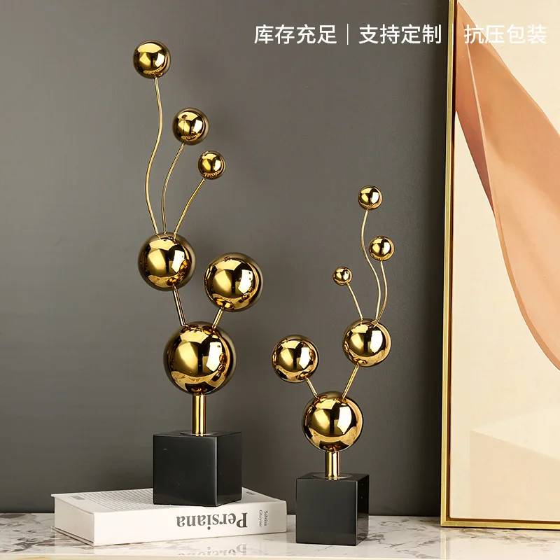Luxury Golden Metal Ball Abstract Sculpture Black Marble Base Modern Light Luxury Tabletop Ornament Entrance Decor Art Statue