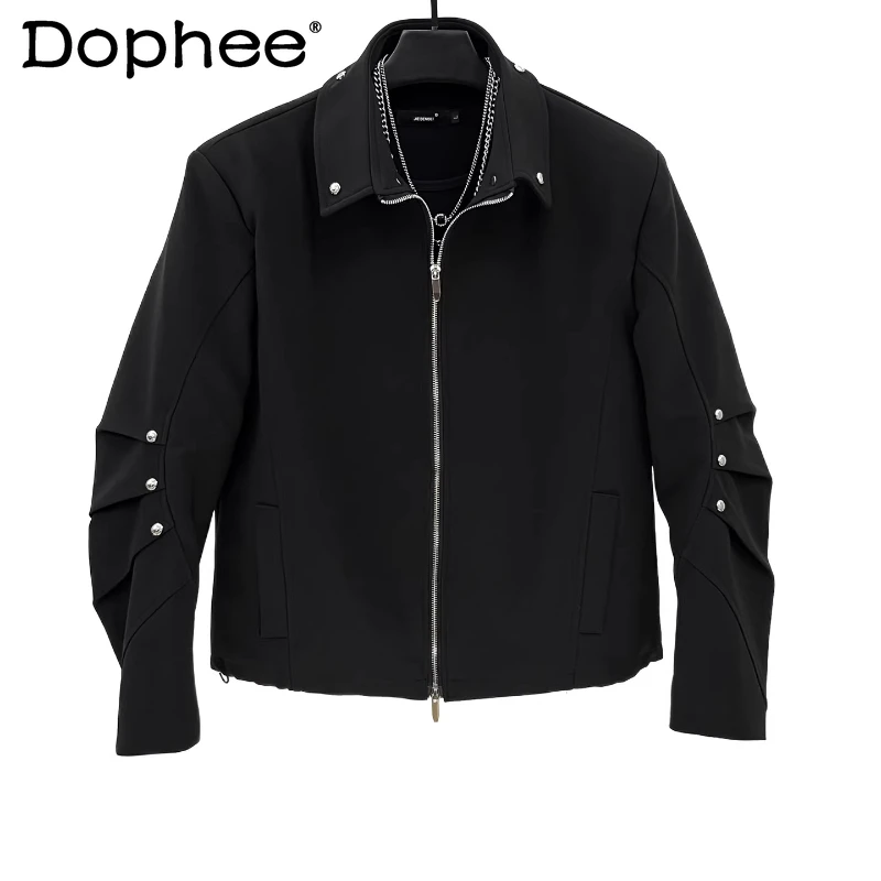 

2025 г., мужская осенняя новая плиссированная короткая стильная куртка с длинными рукавами, мужские модные свободные удобные пальто на молнии с заклепками, красивые шикарные куртки