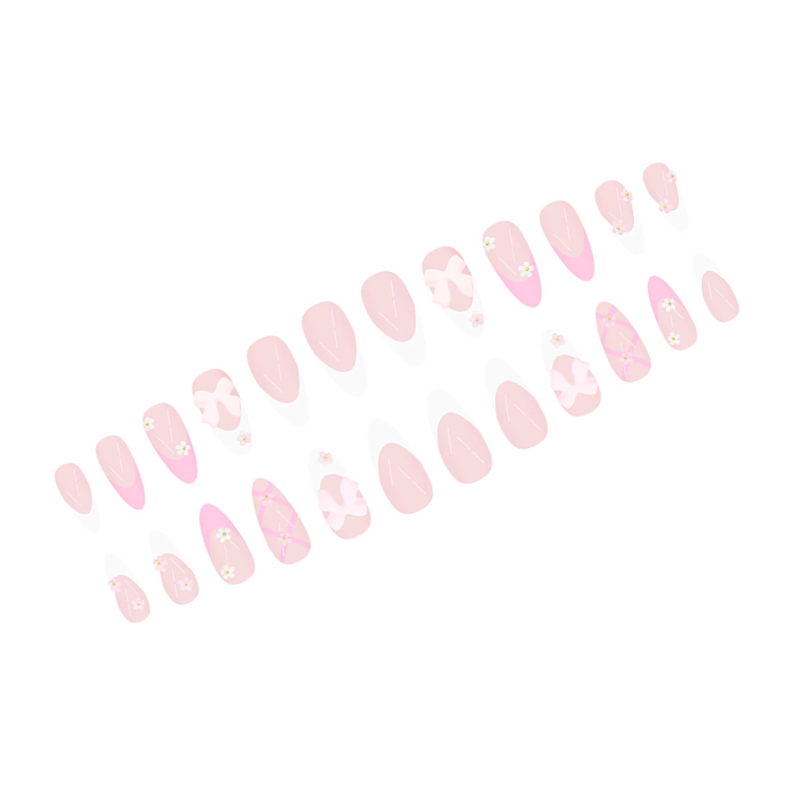 24개 아몬드 프렌치 팁 인조 손톱 꽃 리본 디자인 우아한 발레리나 프레스온 네일 풀커버 아크릴 가짜 손톱 아트